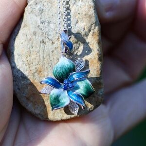 Teal Blue Green Orchid Flower Enamel Pendant Sterling Silver 925